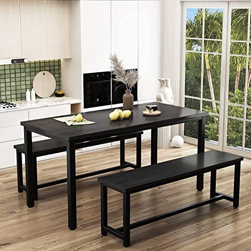 Dining Room Table Set with 2 Benches, Farmhouse Dining Table Set for 4-6, Woo...