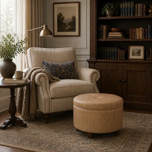 HomePop 24" Large Leatherette Storage Ottoman - Sand Faux Leather