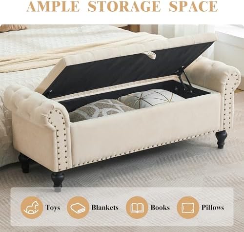 51" Storage Bench for Bedroom, Upholstered Ottoman Bench, Chenille Beige...
