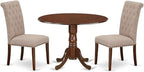 East West Furniture DLBR3-MAH-04 3 Piece Dining Room Furniture Set Contains a Round Dining Table with Dropleaf and 2 Light Tan Linen Fabric Parsons Chairs, 42x42 Inch, Mahogany