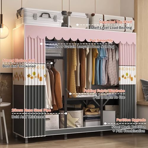 Folding Wardrobe,Fabric Cabinet,Foldable Coat Rack with Clothes Rails,Cloth W...