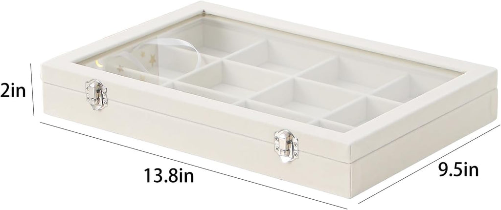 Coward Jewelry Organizer Box, Beige Velvet 12 Grids Bracelet Bangle Necklace Jewelry Display Tray Case with Transparent Glass Lid for Home Drawer Desk or Store Selling Show