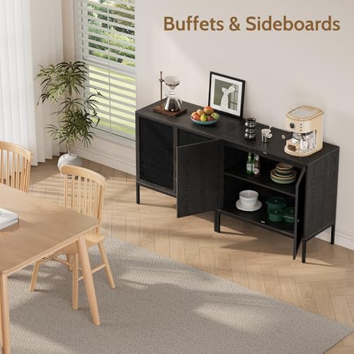 Yechen 63“ W Black Rattan Cabinet, Farmhouse Sideboard Cabinet with Natural R...