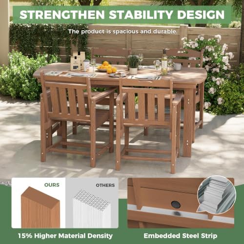 HDPE Outdoor Dining Set, Patio Table and 4 Chairs, 2" Umbrella Hole, Teak