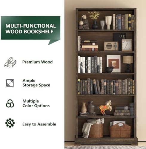 TVU 6 Tiers Wooden Bookshelf, 77.2" Tall Farmhouse Style Open Bookcase, ...