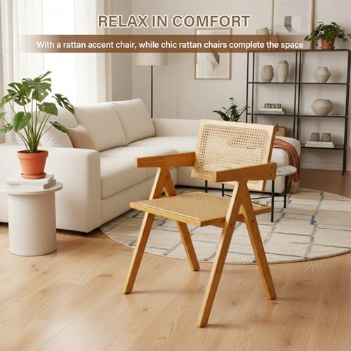 Furlide Rattan Dining Chairs Set of 2, Mid-Century Bamboo Armchairs