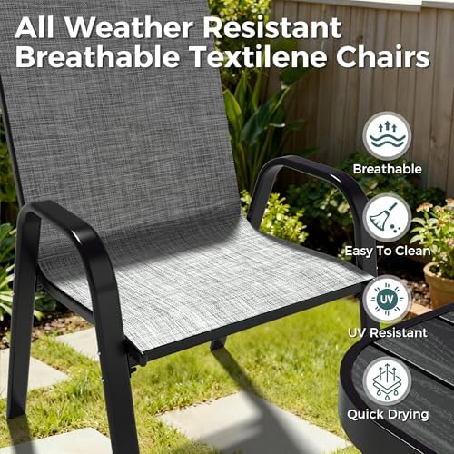 Pamapic Outdoor Dining Sets for 6, Rectangular Steel Slat Table with 6 Textil...