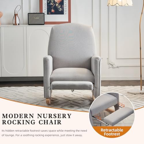 Rocking Chair Nursery with Foot Rest, Nursing Rocking Chair with High Backrest, Glider Rocker Chair for Living Room, Bedroom, Nursery(Cotton Linen Light Gray)