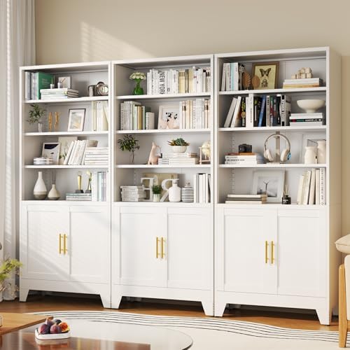 Metal Bookcase with Doors, White 71" Tall Bookcase with Storage, Floor I...