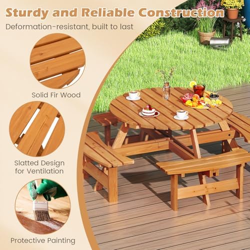 GIANTEX 8-Person Round Picnic Table Set with 4 Benches, 550 LBS Bench Capacit...