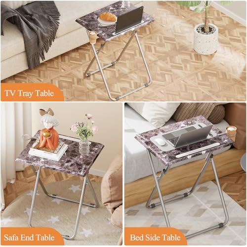 Folding TV Tray Table with Cup Holder, TV Dinner Table with Sturdy MDF Top, E...