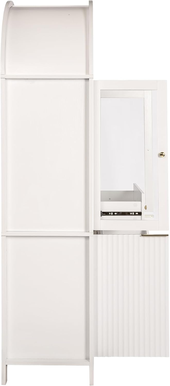Fluted Tall Pantry Cabinet with Glass Door & Adjustable Shelves for Kitch...