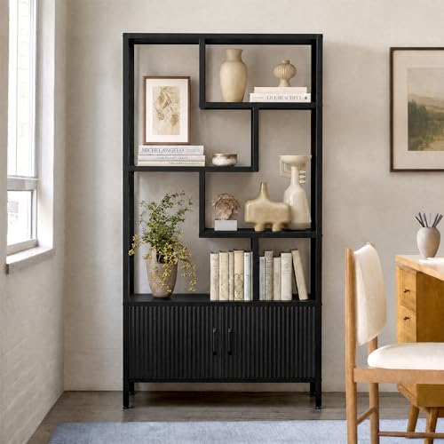 5-Tier Fluted Etagere Bookshelf Storage Cabinet Tall Bookcase Black