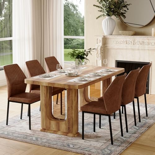 64.5" Dining Room Table Set for 6, Modern Farmhouse Wood Dining Table Set with Decorative Pedestal Legs & 6 Cushioned Chairs,Rustic Brown Kitchen Table Set for Kitchen, Easy Assembly