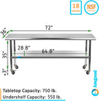 AmGood 72" Long x 36" Deep Stainless Steel Table with Casters