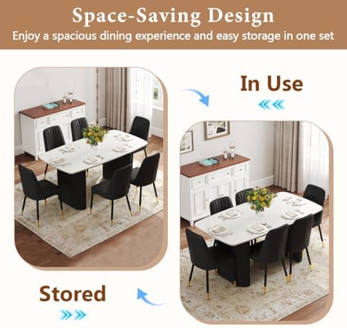 Ebullient White Dining Table Set for 6, 67'' Marble Oval Dining Table Set with 6 Metal Chairs, 3.5'' Thick Marble-Grain Top and Matte Black Wood Base, Space-Saving 7 Piece Kitchen Table Set