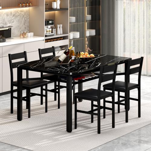 Hooseng 5 Piece Dining Table Set for 4, Modern Kitchen Table with Storage Rac...