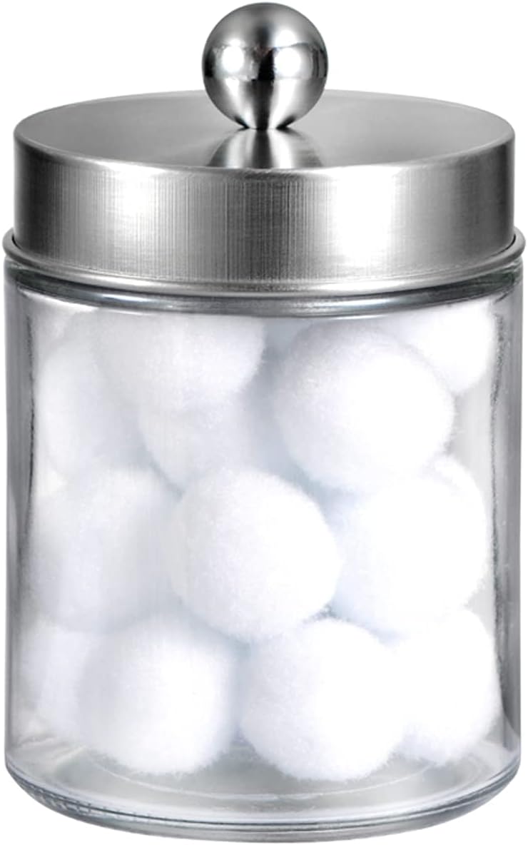 Amolliar Apothecary Jars Bathroom Vanity Organizer -Countertop Canister Jar with Storage Lid - Qtip Dispenser Holder Glass for Qtips,Cotton Swabs,Makeup Sponges ,Hair Band - Brushed Nickel (1 Pack)