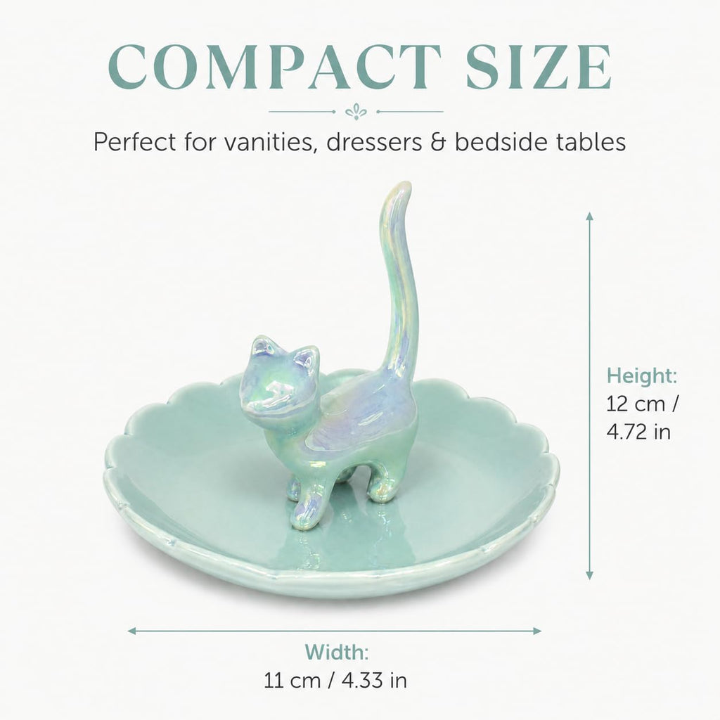 Cat Ring Holder Jewelry Dish–Ceramic Trinket Tray for Rings,Earrings,Necklaces & Bracelets,Cute Cat Jewelry Organizer for Vanity,Nightstand,Dresser,Birthday Gift for Women,Girls Cat Lovers