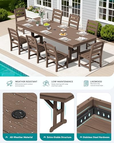 SERWALL 9Pcs 84" HDPE Outdoor Dining Set for 8 with Armless Chairs,Brown