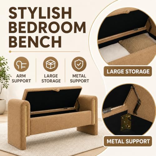 52" Upholstered Storage Bench, Brown, Armrests, Wood Frame | Mid-century...