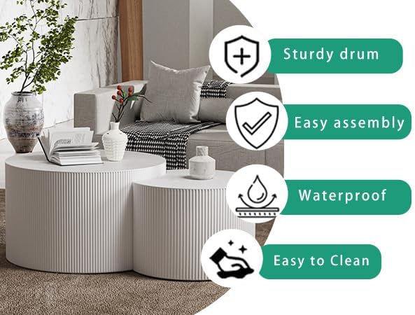 Round Nesting Coffee Table Set 2 Piece (A White 27.56 in) | Drum Modern Stack...