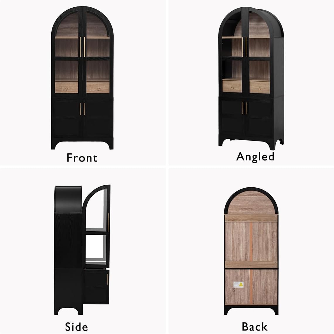 Arched Kitchen Pantry Cabinet with Hidden Drawer and Spice Rack, Arched Bookshelf with Storage Cabinet & Glass Doors, Versatile Cupboard for Living Room & Dining Room (Black)