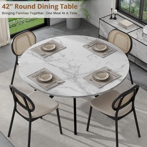 42" Round Dining Table for 2-4, Modern Kitchen Table with Faux Marble Ta...