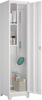 Slim Broom Storage Cabinets, Metal Cabinet with Shelves and Hanging Rod, 65" Utility Storage Cabinet with Locking Door, Tall Cleaning Cabinets for Kitchen, Pantry, Office, Shop, Garage