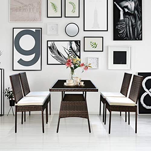 Tangkula 5 Piece Patio Wicker Dining Set, Outdoor Rattan Table and Chairs wit...