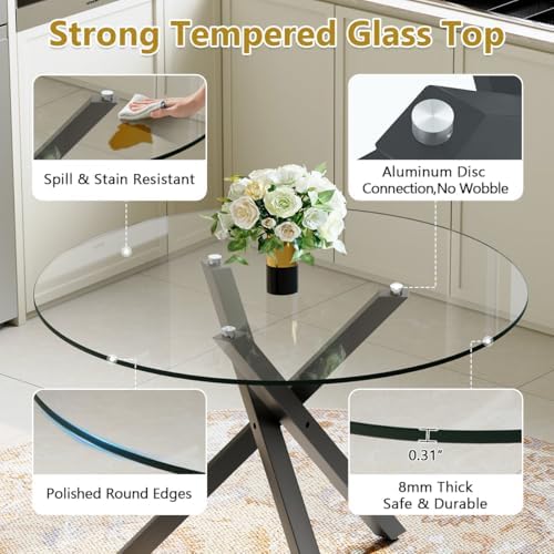 Round Glass Dining Table Set for 4, 39" Black Metal Base, PU Chairs | 5-...