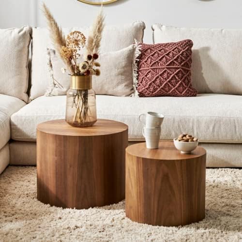WILLIAMSPACE Nesting Coffee Table Set of 2, Walnut Round Wooden Coffee Tables...
