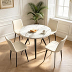 34.6" Round Dining Table Set for 4, Modern Kitchen Coffee Table Set, White | Space-saving MDF Top, 4 Beige Sleek PU Leather Chairs Set, Small Dining Set, Great for Dining Room, Office, Sturdy & Seamless