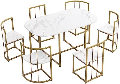 Metal 7 Piece Kitchen Dining Table Set with Chairs for Saving Space Metal Din...