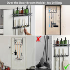 Broom Holder Over The Door Over Door Broom and Mop Rack Over The Door Hooks Organizer With4 Slots & 3 Hooks 1 Storage Basket For Laundry Room, Garage, Closet, Kitchen Decor (black)