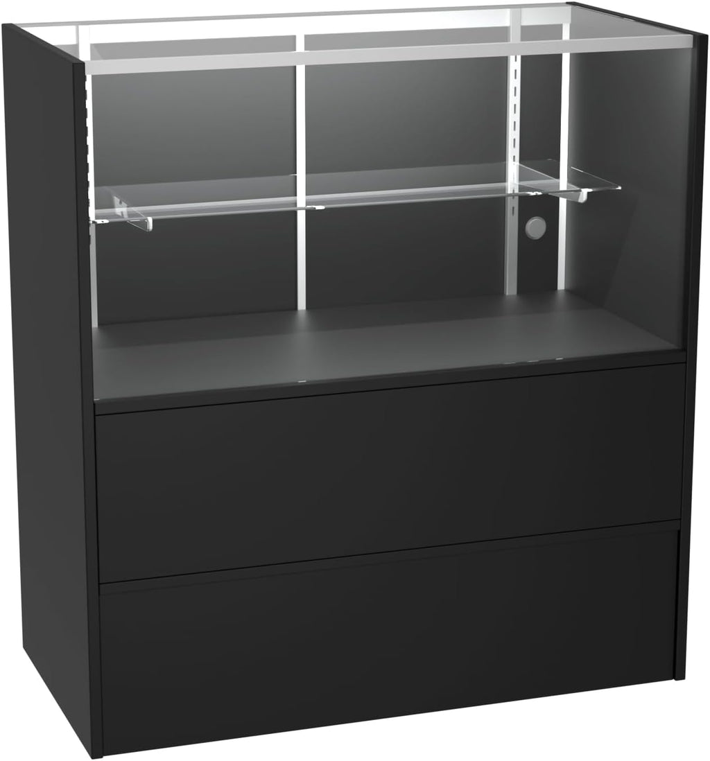 WISDOMFUR 4-Foot Display Showcase with LED Lighting – 48" L x 18" W x 38" H, Adjustable Glass Shelf, Locking Sliding Doors, Melamine Finish – Black Retail Display Cabinet