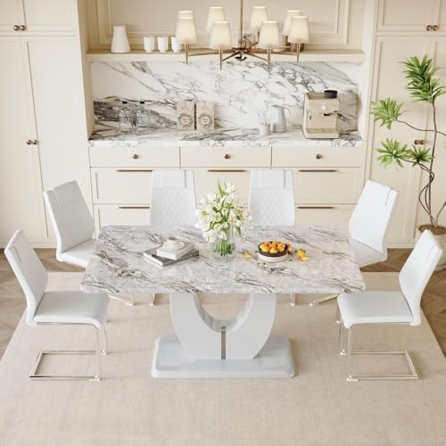 JUFU 7-Piece Dining Table Set for 6, 63-Inch Faux Marble, White/Platinum