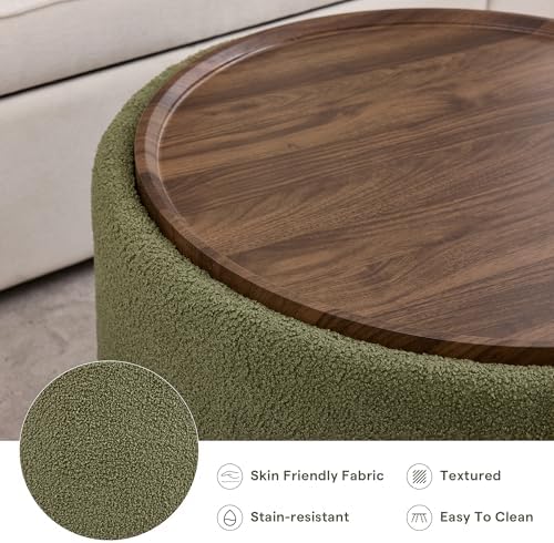 29.5 Inch Round Storage Ottoman Coffee Table, Green Teddy | Modern Circle Cof...