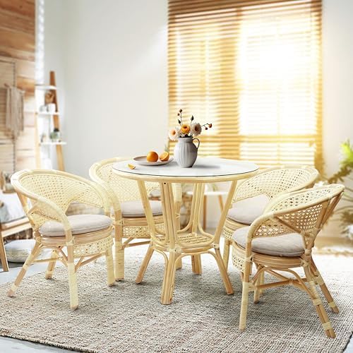 Set of 4 Pelangi Handmade Rattan Dining Wicker Chairs Natural Color w/Cream C...