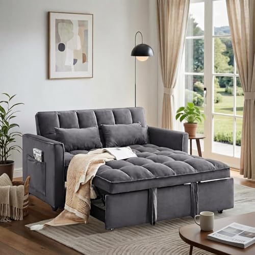54" Convertible Sofa Bed with Adjustable Backrest, Dark Gray | Soft Velv...