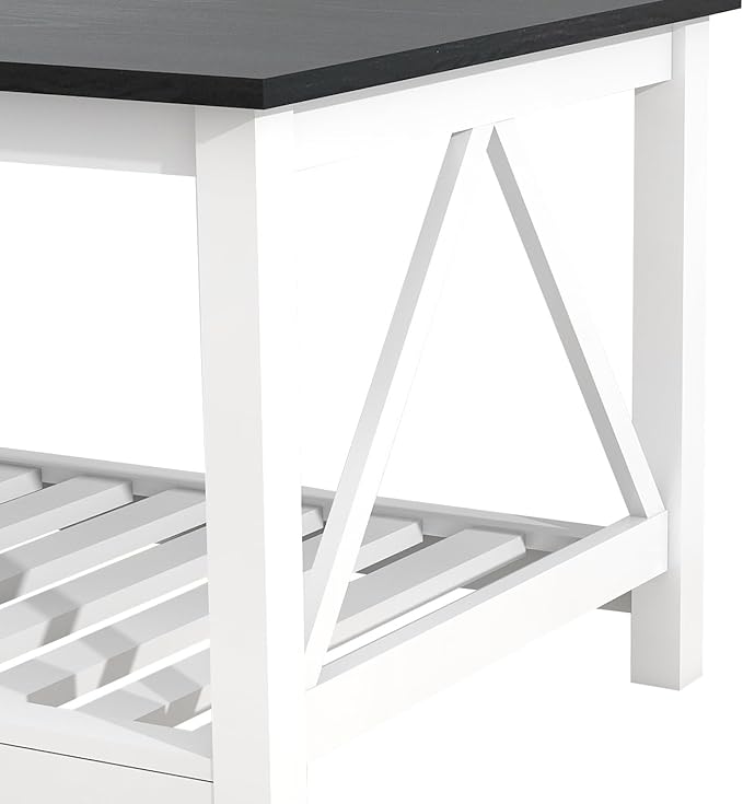 Farmhouse Coffee Table for Living Room, 2-Tier Rectangular Wooden Centre Cocktail Table with Slats Shelf Storage and V-Shaped Frame, Oak Blak