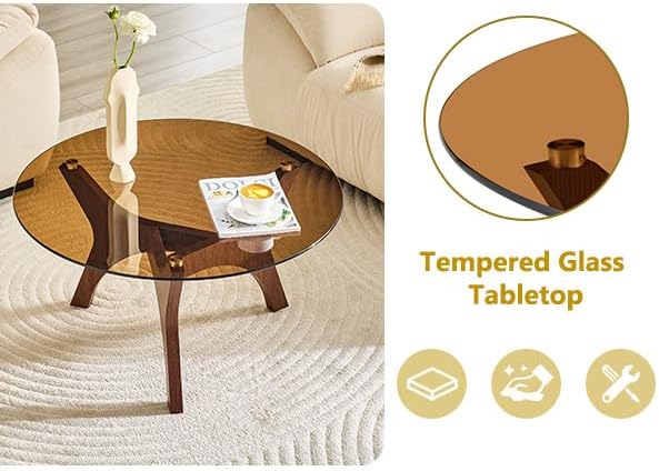 31.5" Glass Coffee Table, Mid-Century Modern Style, Walnut | Tempered gl...