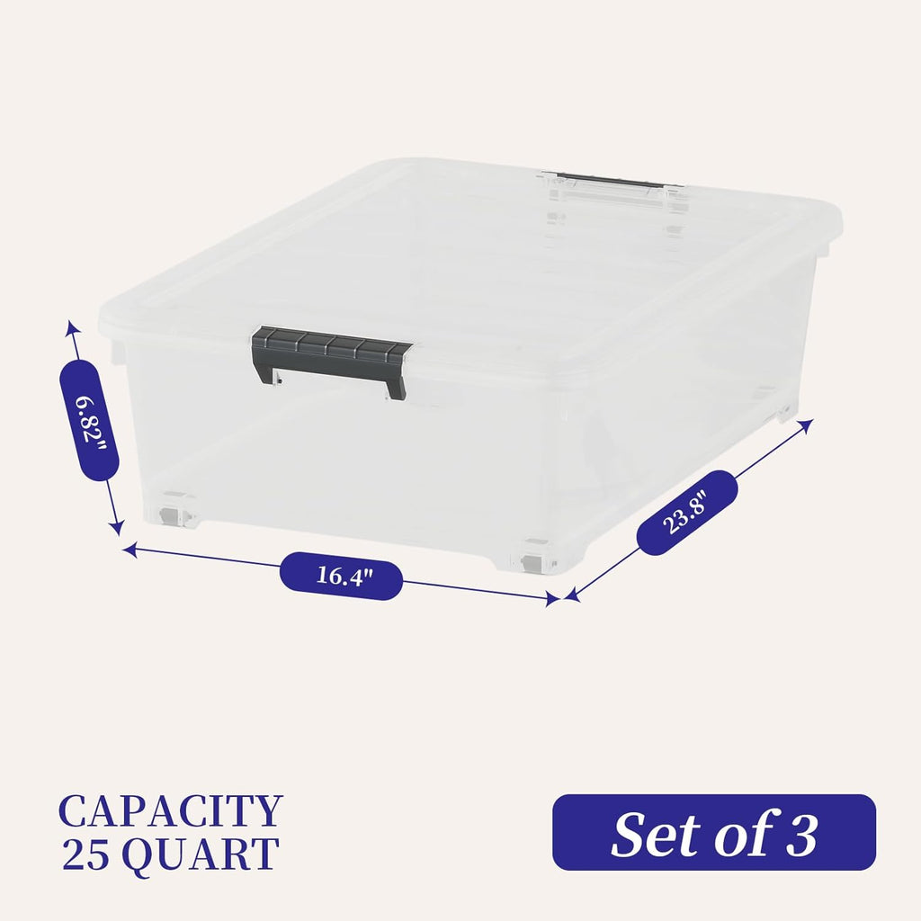 3-Pack Clear Plastic Underbed Storage Bins with Lids & Wheels, Rolling Under Bed Shoe Storage Containers, 25 Qt
