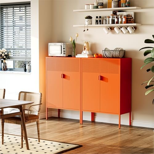 COFaR Orange Metal Storage Cabinet, 47”H Vibrant Coffee Bar & Buffet Side...