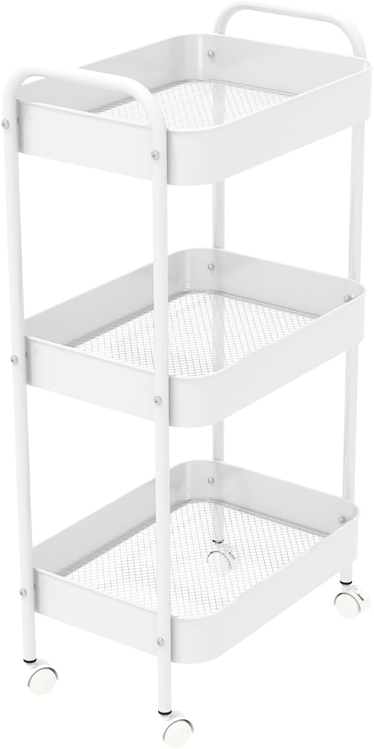 3-Tier Metal Utility Rolling Cart, Multi-Functional Storage Trolley for Office, Living Room, Kitchen, Movable Storage Organizer with Wheels, White