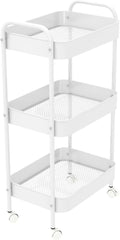 3-Tier Metal Utility Rolling Cart, Multi-Functional Storage Trolley for Office, Living Room, Kitchen, Movable Storage Organizer with Wheels, White