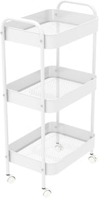 3-Tier Metal Utility Rolling Cart, Multi-Functional Storage Trolley for Office, Living Room, Kitchen, Movable Storage Organizer with Wheels, White