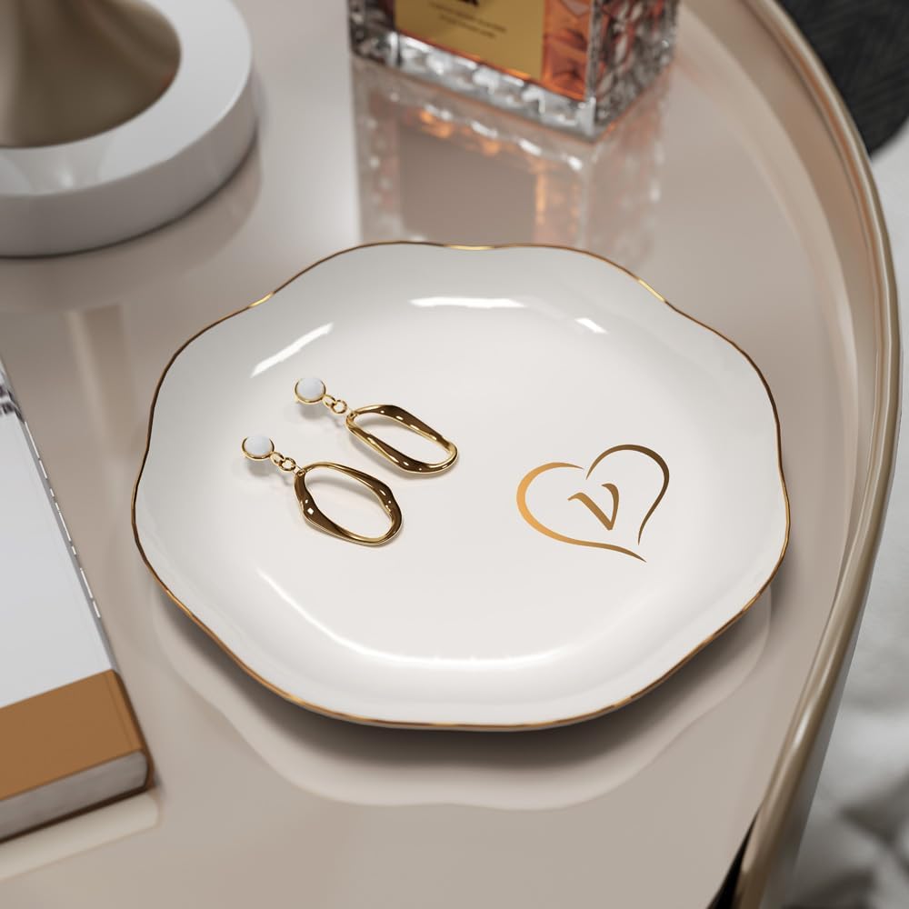 Gifts for Women – Initials Ceramic Jewelry Dish for Earrings, Necklaces, Bracelets, Rings, Watch, and Keys – Mother’s Day, Christmas, and Birthday Gifts for Women (v)