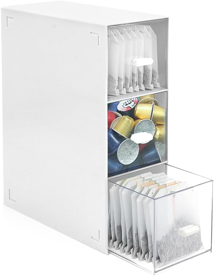 Tea Bag Organizer with 3 Storage Drawers, Plastic Stackable Box, White | Tea box organizer, tea holder organizer, container for tea, coffee, sugar and cosmetic sachets, 1Pcs