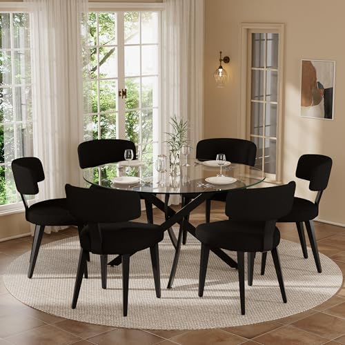 Boucle Chairs Set of 6, Modern Black Upholstered Dining Chairs with Black Met...
